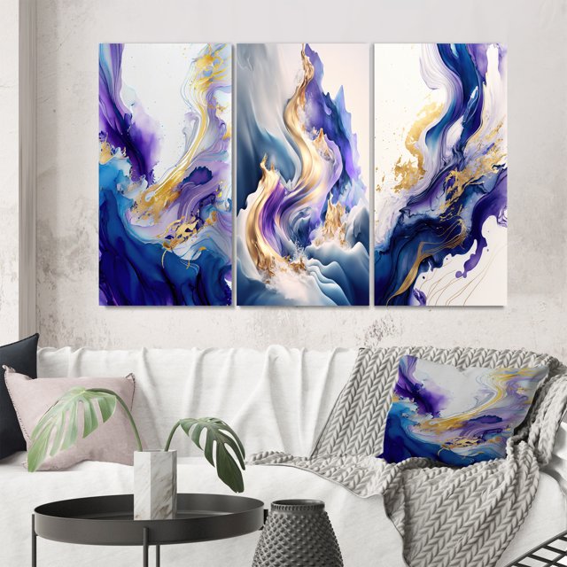 Designart "Blue and Gold Splatter II" Modern Wall Art Set Of 3 - Abstract Spirals Blue Canvas Set For Living Room Decor