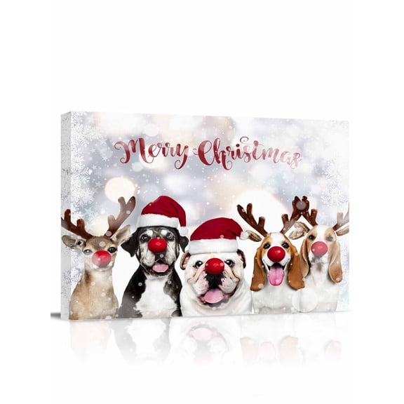 Merry Christmas Canvas Print Wall Art Framed Canvas Art Wall Decor Cute Red-Nosed Puppy Deer Snowflakes Winter Pictures Painting Morden Artwork for Living Room Bedroom, Ready to Hang - 12"x16"