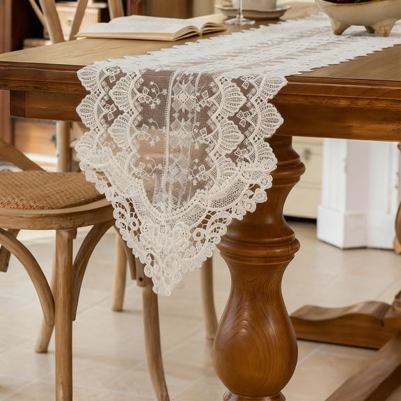 White Lace Table Runner with Embroidery Border, Elegant Mesh Hollow Design for Dining Table Coffee Table Decor, 70.8x13.7 Inches Long Tablecloth