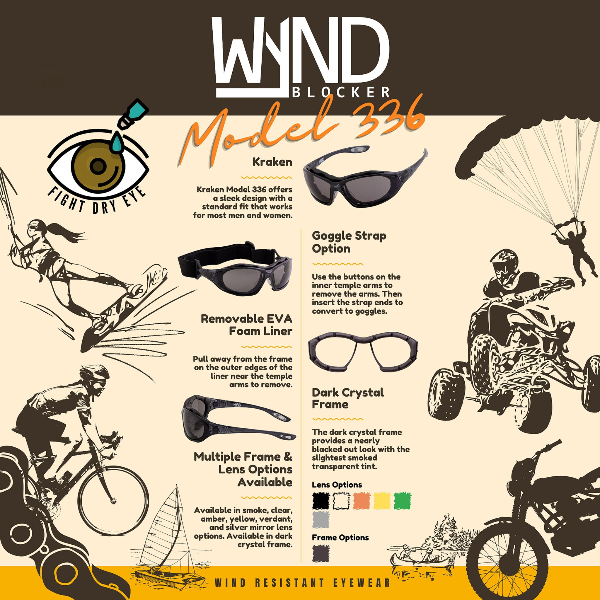 WYND Blocker Kraken Motorcycle Riding Glasses Dry Eye Sunglasses (M336 - Crystal, Silver Mirror)
