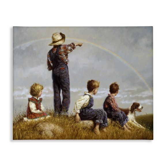 Stupell Industries Farmhouse Meadow Children under Rainbow with Dog Canvas Art, 20 x 16, by Jim Daly