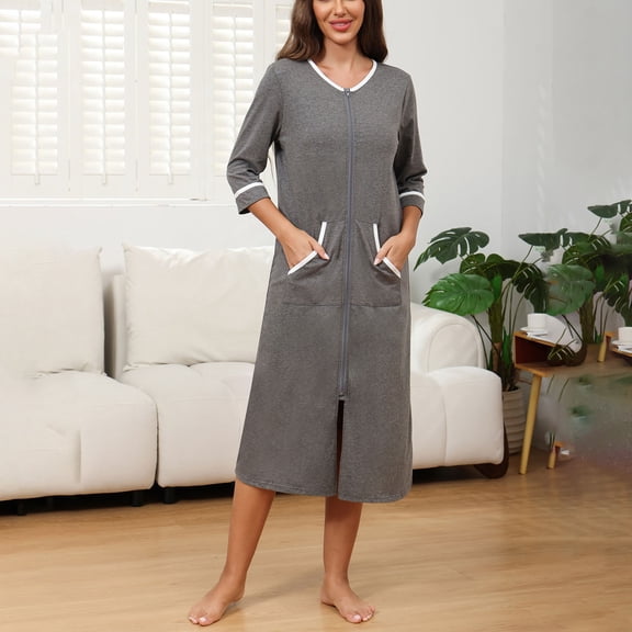 Women Zipper Robes 3/4 Sleeve House Coat Soft Bathrobe Fall Winter Sleepwear Fashion Loungewear with Pockets New House Dresses for Women Dark Gray M
