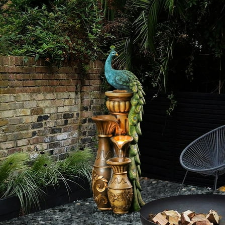 LuxenHome 44" Resin Outdoor Water Fountain, Peacock Garden Water Fountain Outdoor with LED Lights