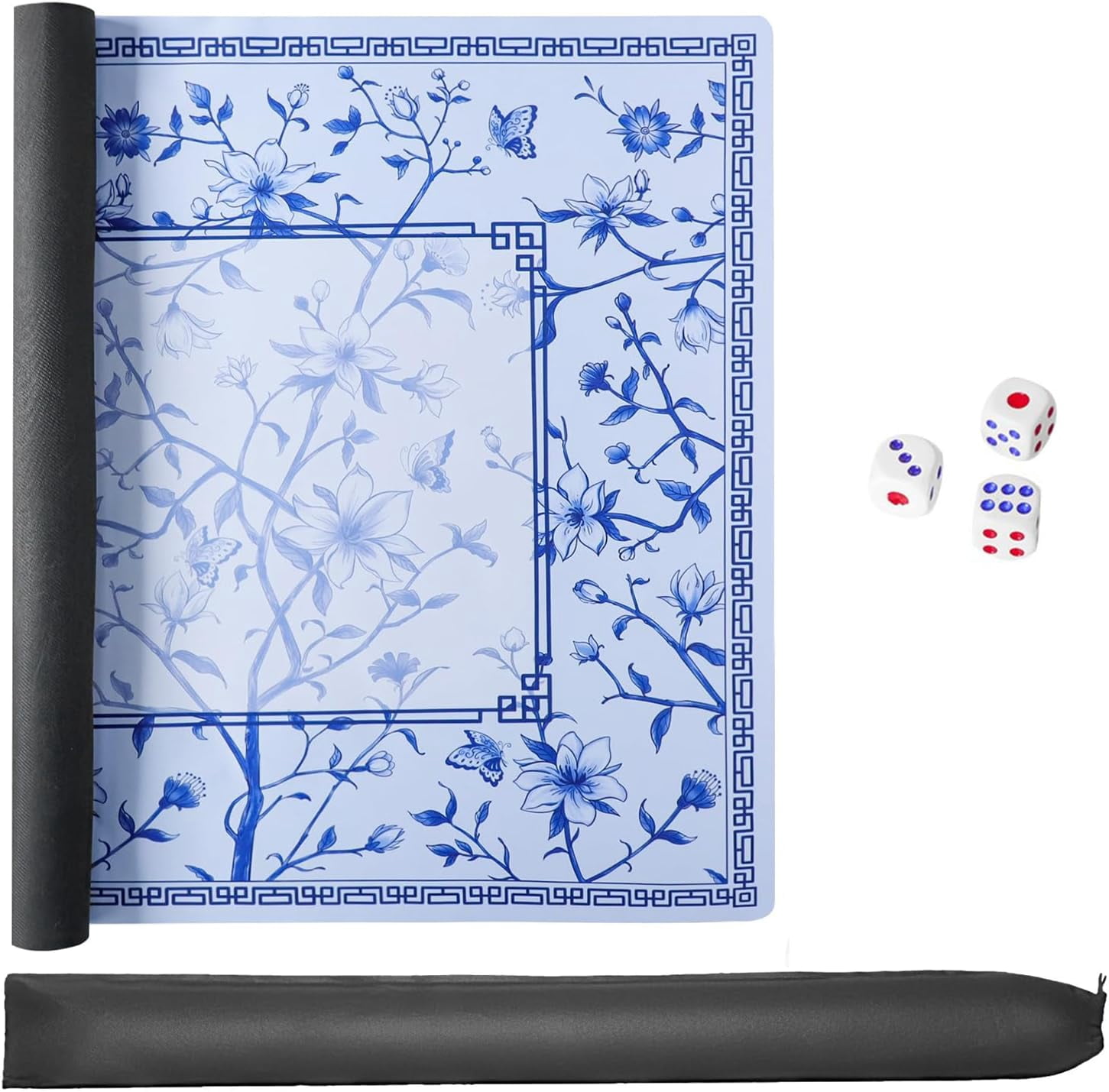 Large Blue Printed Mahjong Mat (31.5”x31.5”) with Black Carrying Bag, Anti-Slip, Noise-Reducing, Mahjong Table Mat for Mah-jongg,Poker, Board Games, Dominoes, and Card