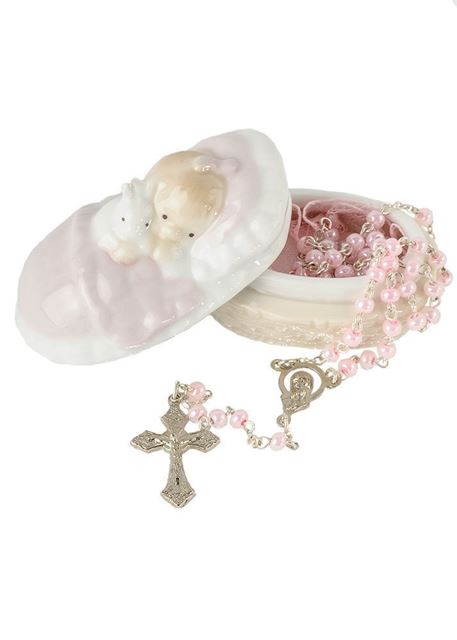 Pink Rosary in a Porcelain Keepsake Box Christening Baptism Gift by Roman