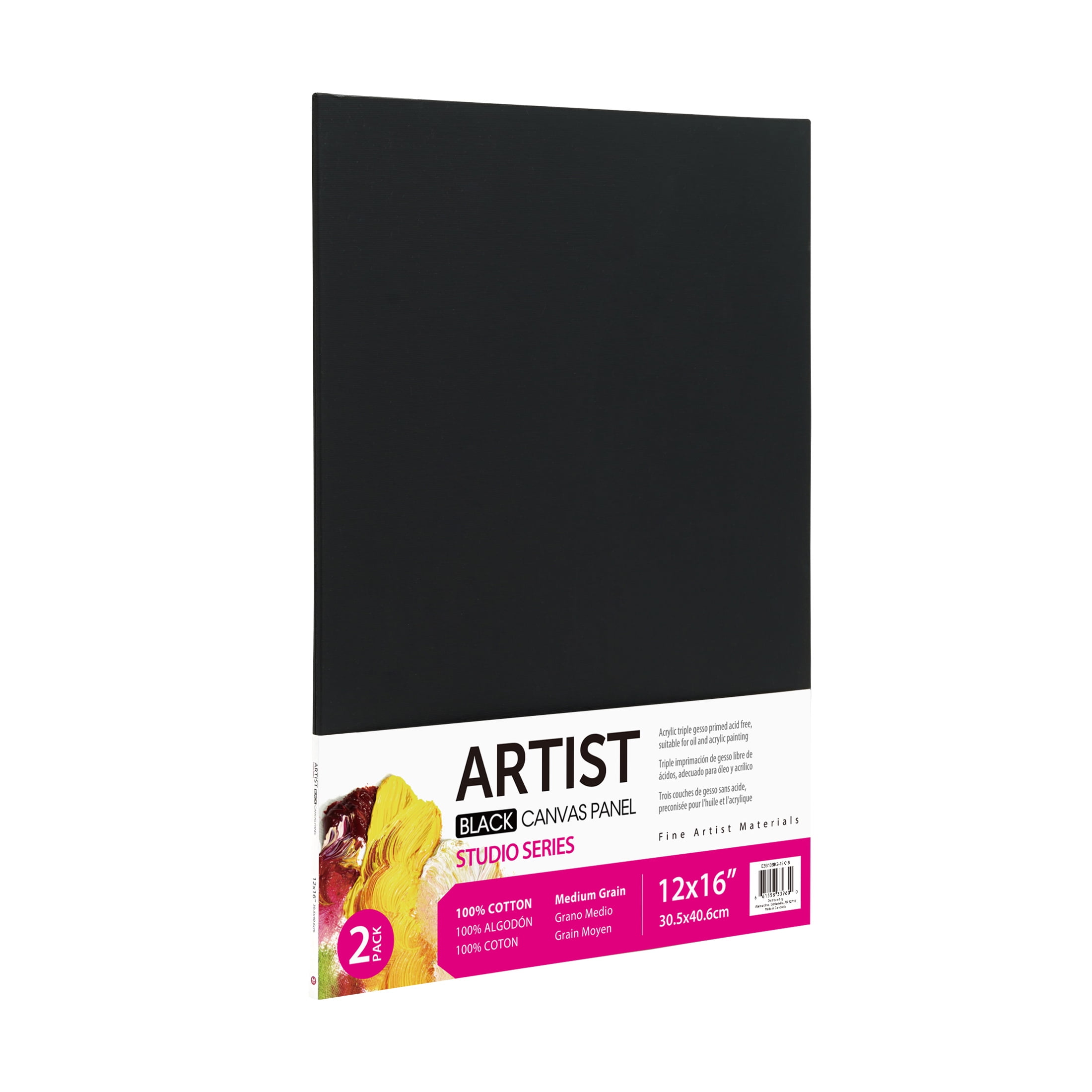 Studio Canvas Panel, 100% Cotton Acid Free Black Canvas, 12"X16", 2 Pieces, Academic Canvas, Great Chioce for Beginners and Hobbyists of All Skill Levels.