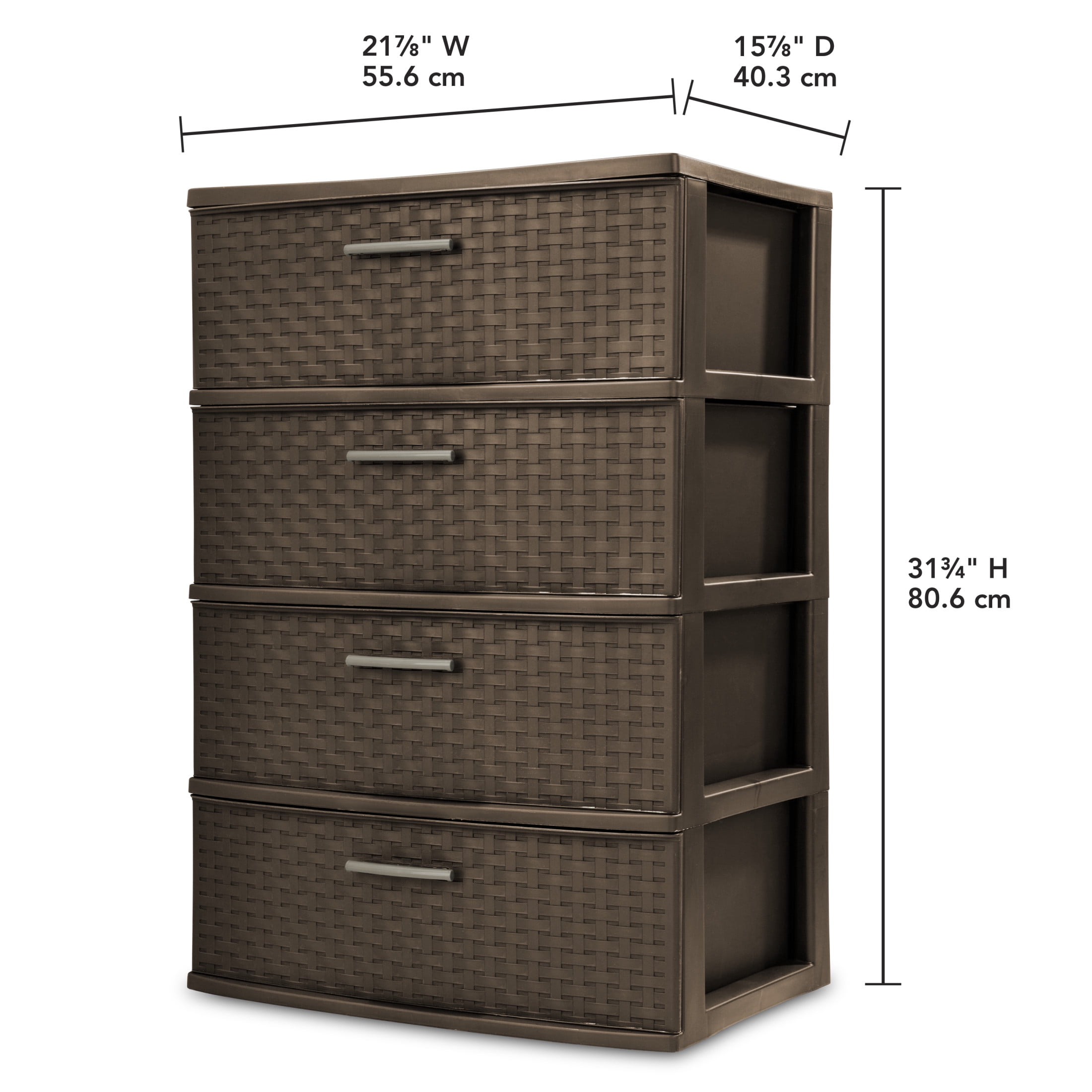 Sterilite 4 Drawer Wide Weave Tower, Plastic Décor Drawers with Pull Handles, Brown