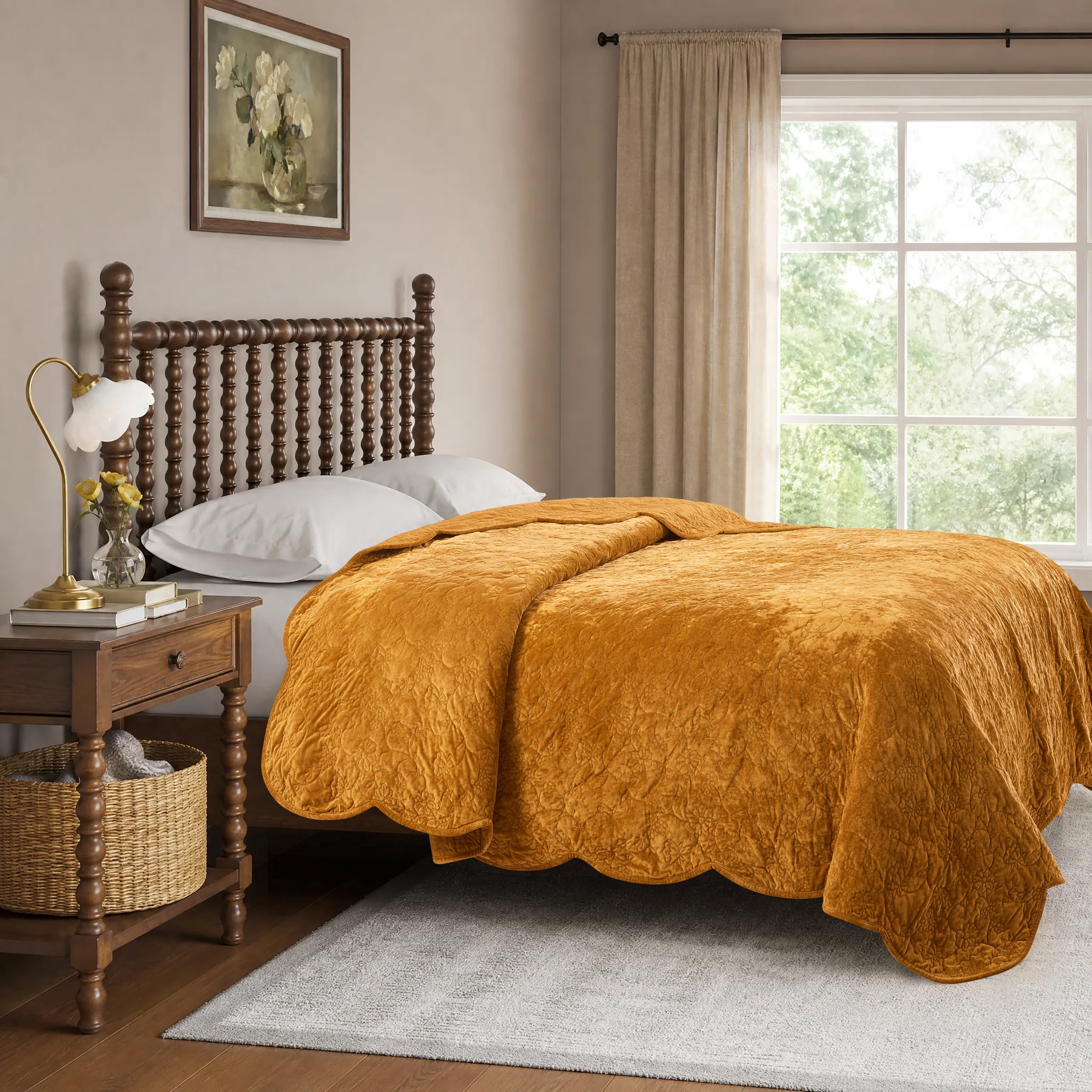The Pioneer Woman Eloise Floral Velvet Quilt, King, Amber Yellow Bedding