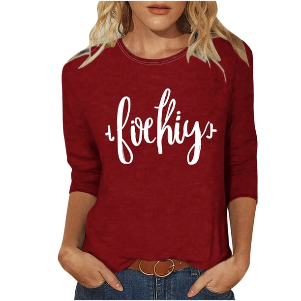 Mujeres Tres Cuartos de Manga Tops Día de la Mujer Impreso Cuello Redondo Blusa Suelta, Suéter de Manga Casual 3/4 para el Uso de Primavera Y Verano