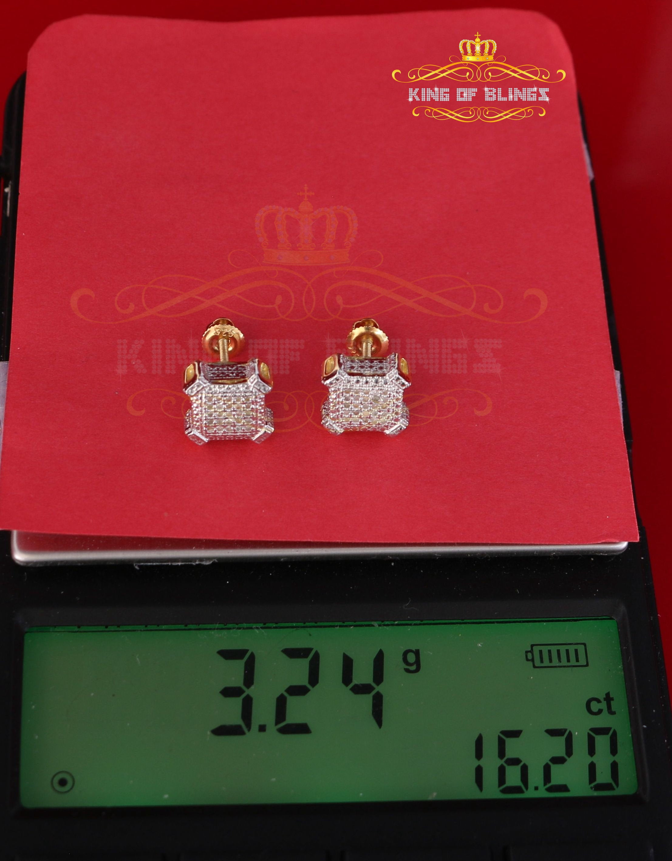 King of Bling's Aretes Para Hombre Silver 0.10ct Diamond For Women's/ Men's Yellow Stud Earrings