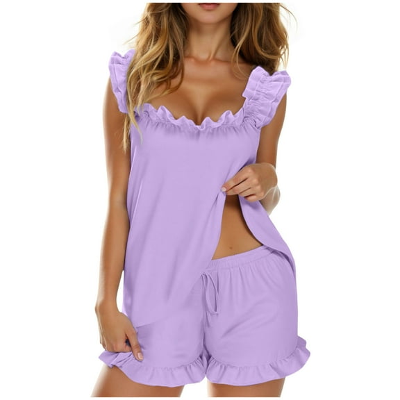 felwors Womens Pajamas Set 2 Piece Ruffle Pj Soft Tank Top and Shorts Sleepwear Set Bridal Pajama for Women Set Purple, M