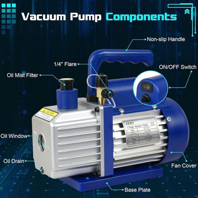 ZENY, Vacuum Pump, 3.5 CFM 5 Pa Rotary Vane HVAC Air Tool, Blue