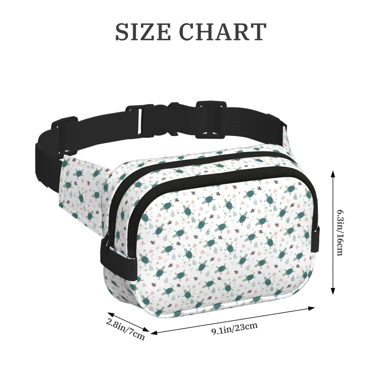 Picia Hand Drawn Turtle Print Square Double-Layer Waist Bag Mini Adjustable Waist Belt Bag Exercise Running Travel Hiking