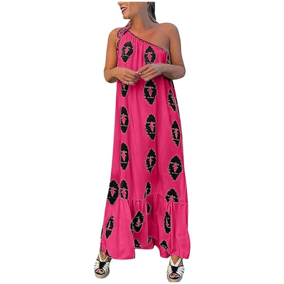 TJAZFJPA Wedding Guest Dresses Women Summer Dresses One Shoulder Spaghetti Strap Dresses Printed A Line Maxi Dresses Boho Long Dresses White Sun Dress White Dresses for Women Wedding