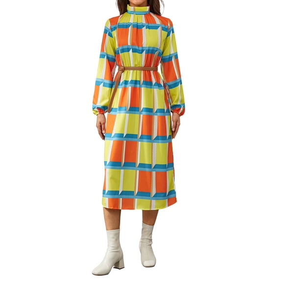 KOMOO Women Loose Flowy Tunic Dress Colorful Geometric Printed Long Sleeve Loose Dress Spring Autumn A-Line Long Dress