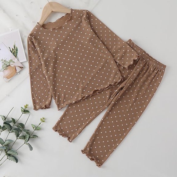 hengsof Children's Spring Summer Casual Suit, Fashionable Polka Dot Print Pullover Two Piece Straight Leg Sweatpants Set, Comfortable Long Sleeve Crew Neck Top Elastic Waist Trousers Set