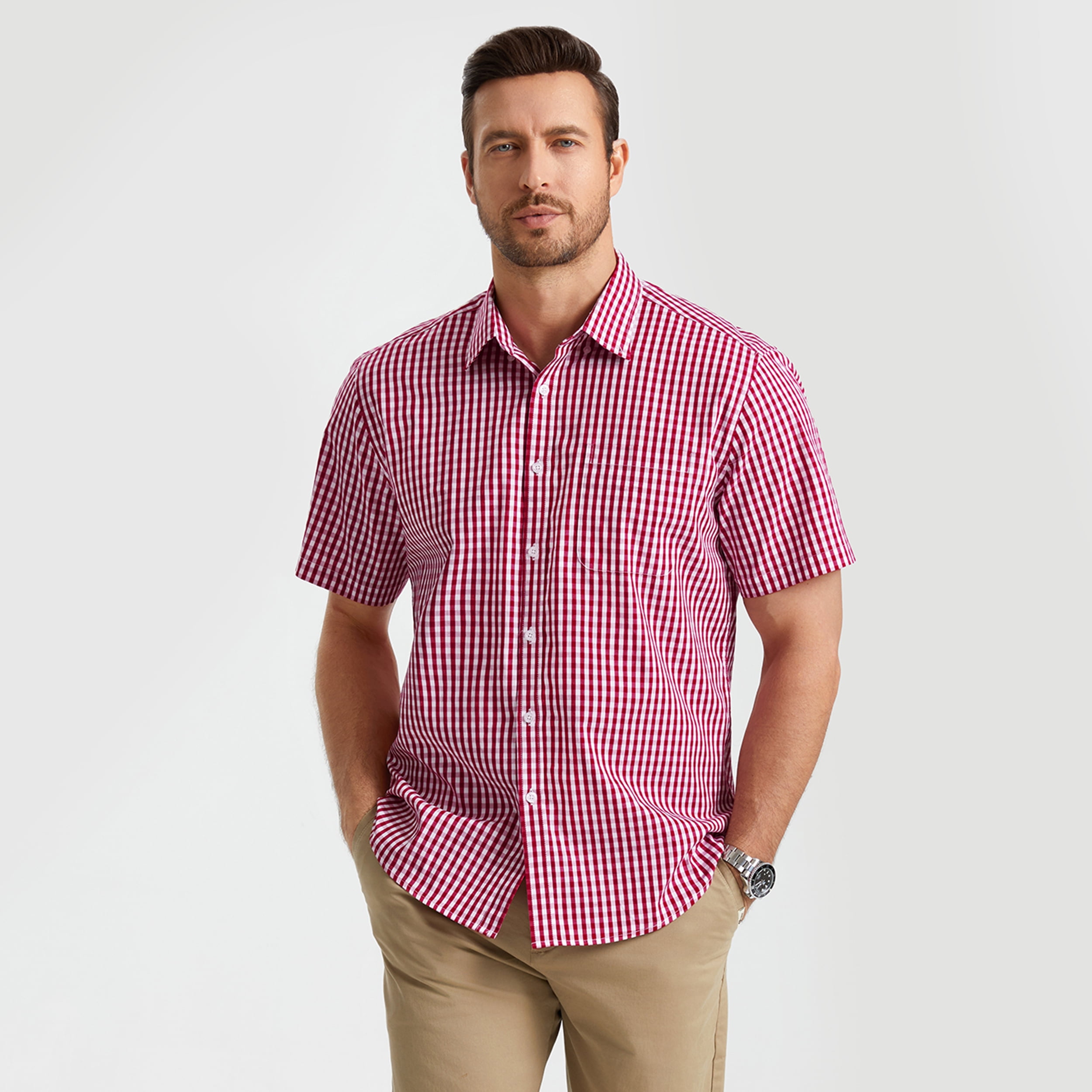 Mens Plaid Shirts Short Sleeve Summer Button Down Shirt Formal Business Work Red Shirts with Pocket