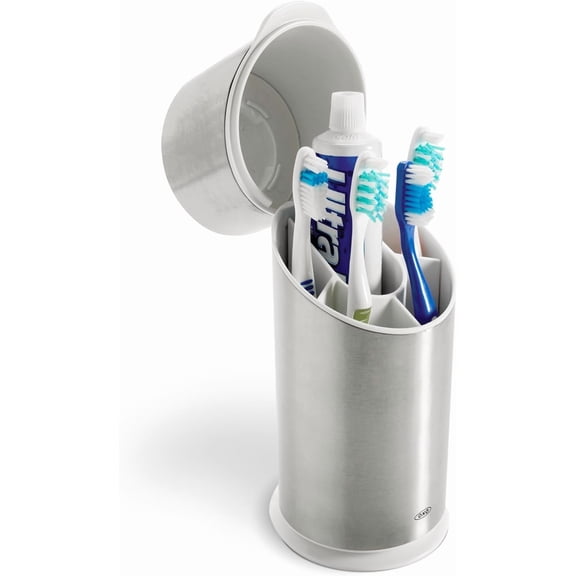 Good Grips Stainless Steel Toothbrush Organizer, Bathroom Organizer and Storage, Toothbrush Holder for Countertop, Sleek Modern Bathroom Accessories