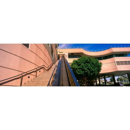 Panoramic view of escalator and stairs lead upwards in downtown Los Angeles California Poster