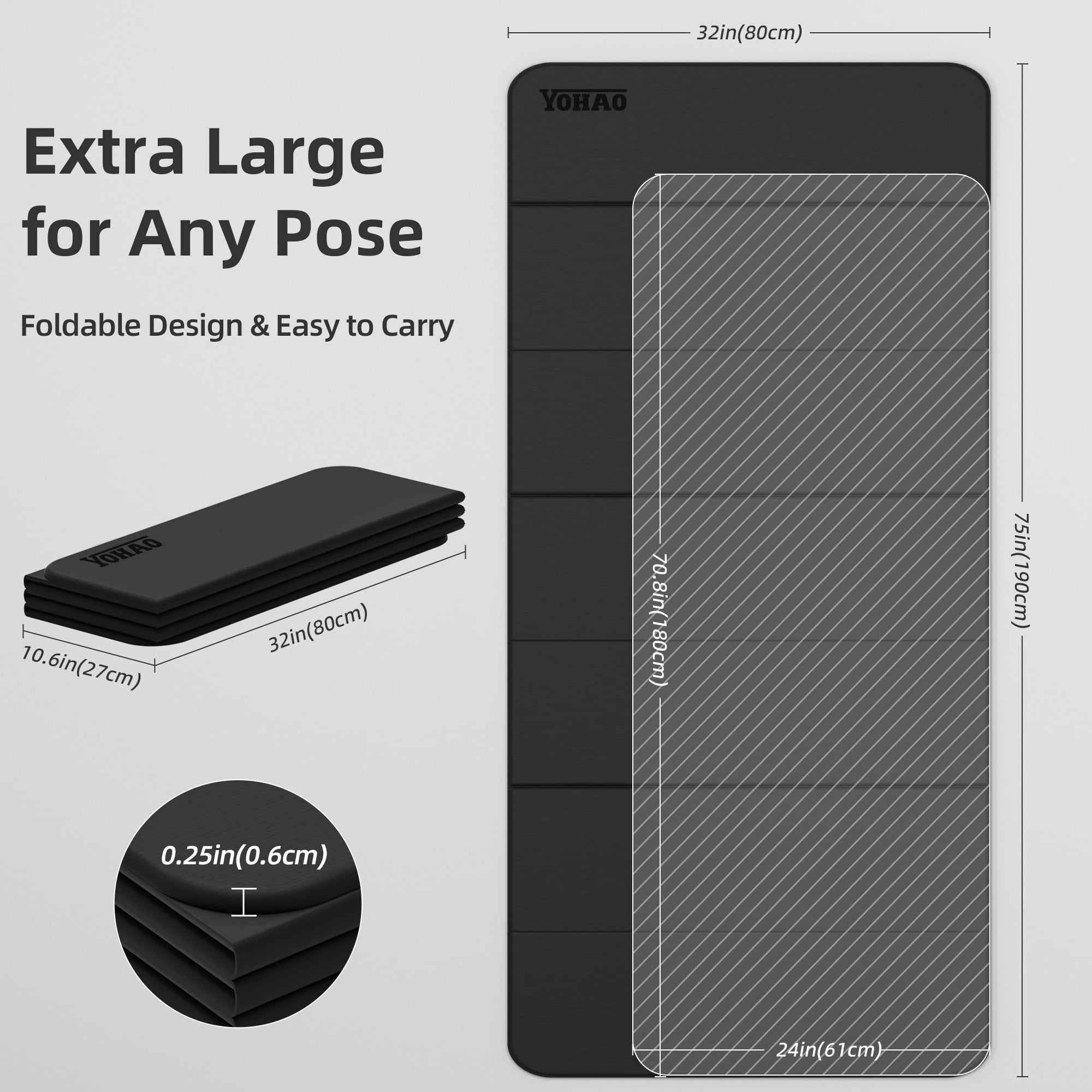 YOHAO Yoga Mat,Large Size:75"×32",Foldable Workout Mat for Yoga,Pilates and Travel,Anti-rolling,Non-slip,Easy Unfold and Storage(Black)