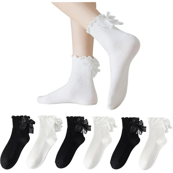 YooGuoGuo Women's Ruffle Socks,Casual Bow Tie Cute Ankle Socks Warm Knit Cotton Frilly White Socks for Women 6 Pack