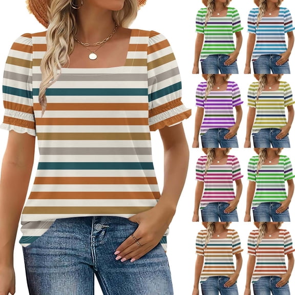 YHAJDS T Shirts for Women Short Sleeve Square Neck Striped Print Lace Trim Casual Blouse