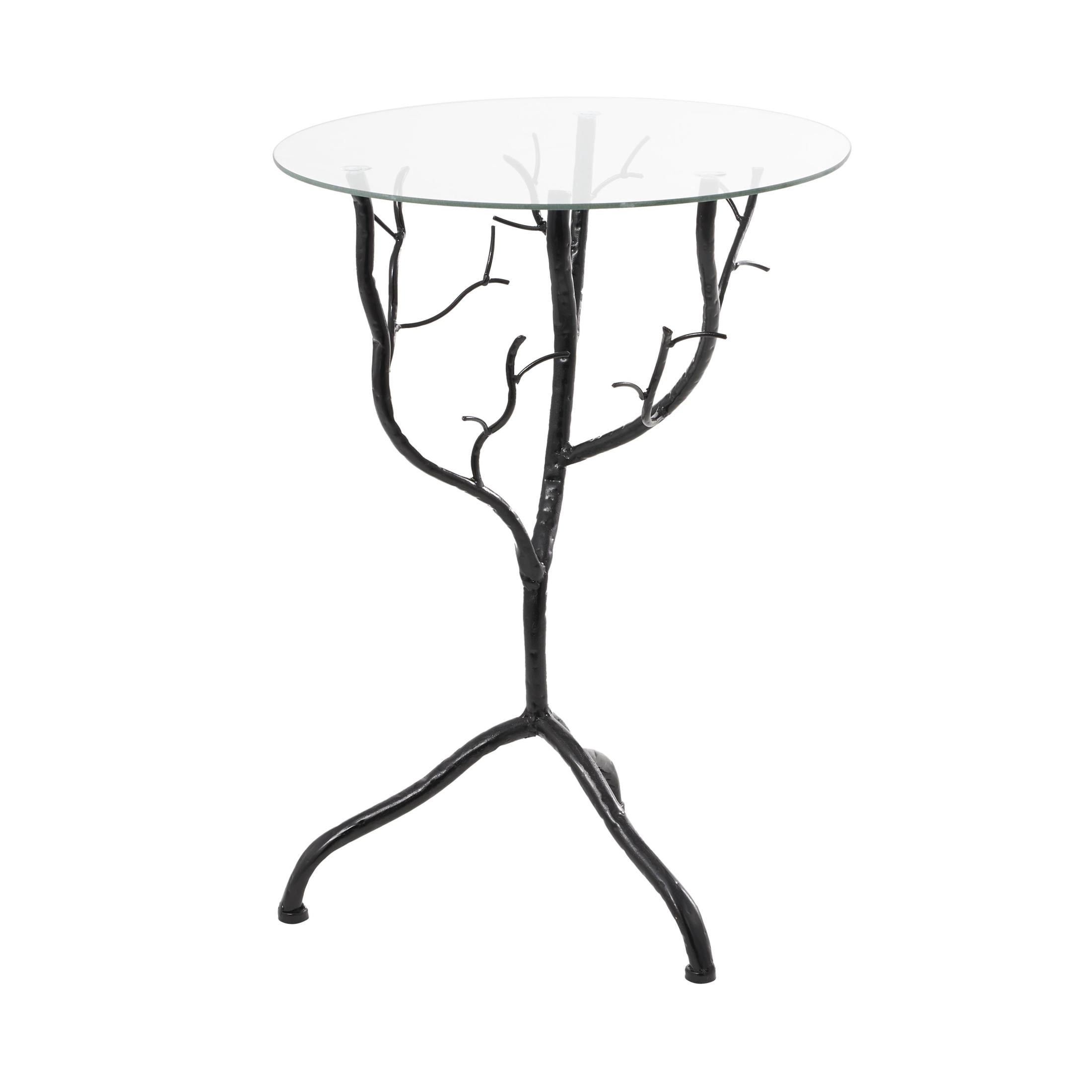 DecMode 16" x 22" Black Metal Branch Tree Accent Table with Tempered Glass Top, 1-Piece