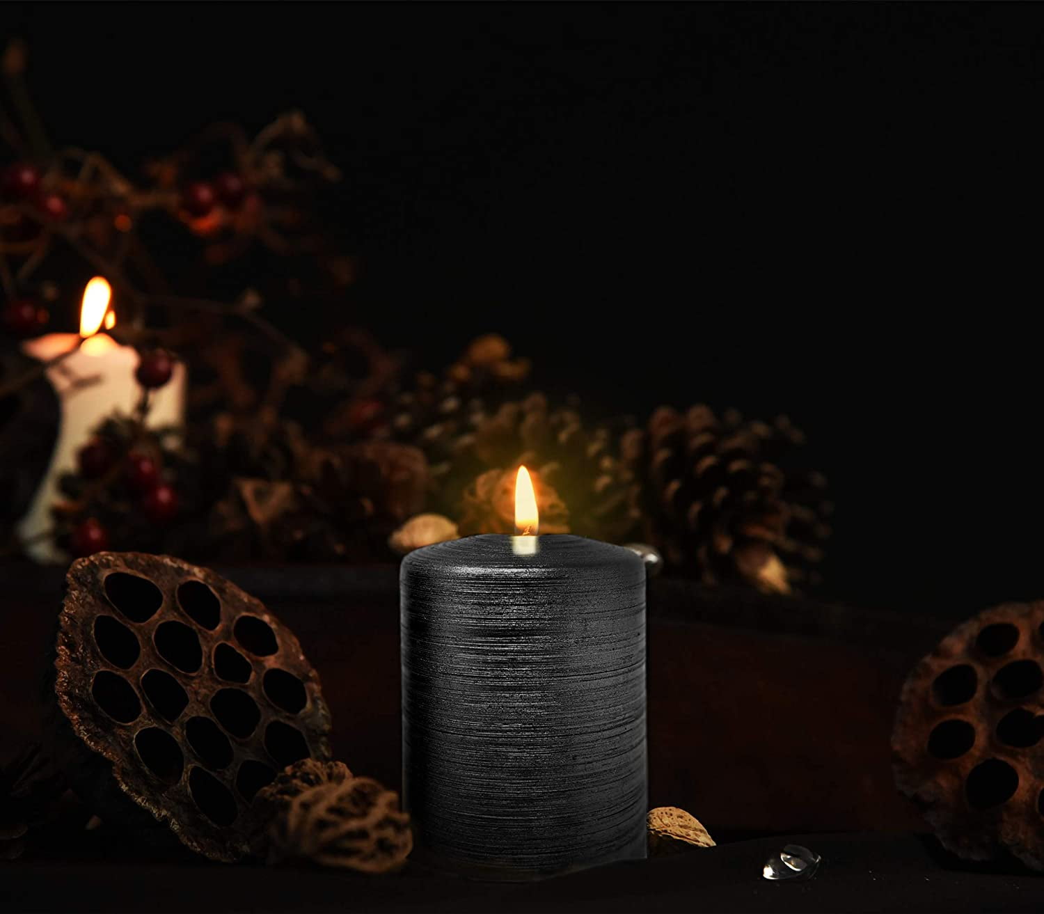 Hyoola, 2.75 x 5 Unscented Black Brushed Metallic Rustic Pillar Candles, Paraffin Wax with Cotton Wicks, 6-Pack