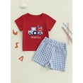 thumbnail image 3 of Baby Toddler Boys Summer Clothes for 4th of July, 6 12 18 24 Months 2T 3T 4T Short Sleeve Embroidery Truck T-shirt with Plaid Shorts for Independence Day, 3 of 9