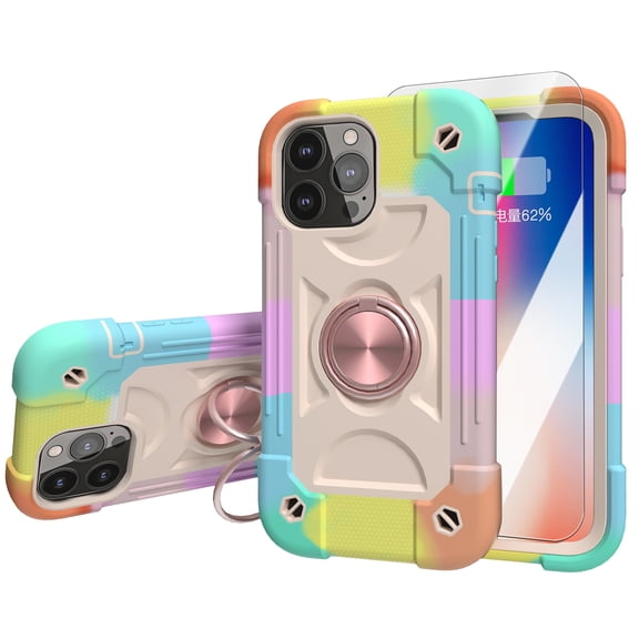Dteck Case with Tempered Glass Screen Protector for iPhone 13 Shockproof Silicone  PC Case with Double Ring Stand Back Phone Cover for iPhone 13,Colorful Rosegold