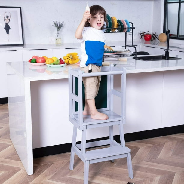 Houchics Kids Kitchen Step Stool Children Wooden Standing Tower Toddler Kitchen Helper Tower Footstool For Kitchen Bathroom Gray Walmart Com Walmart Com