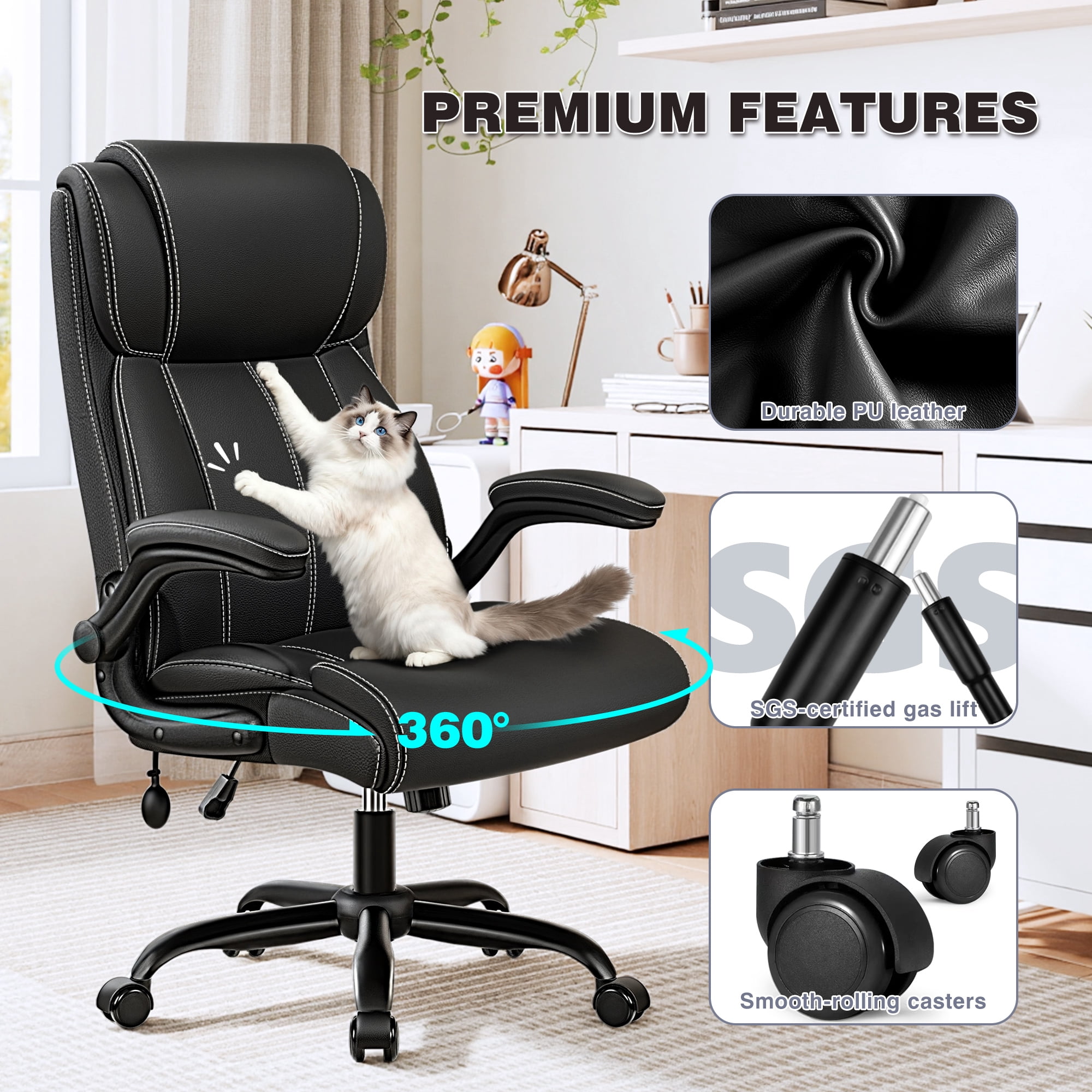 Primy Ergonomic Office Chair with Adjustable Air Lumbar, Home Desk Computer Chair, Leather High-Back Executive Chairs with Flip-Up Arms, Rocking Swivel Comfort