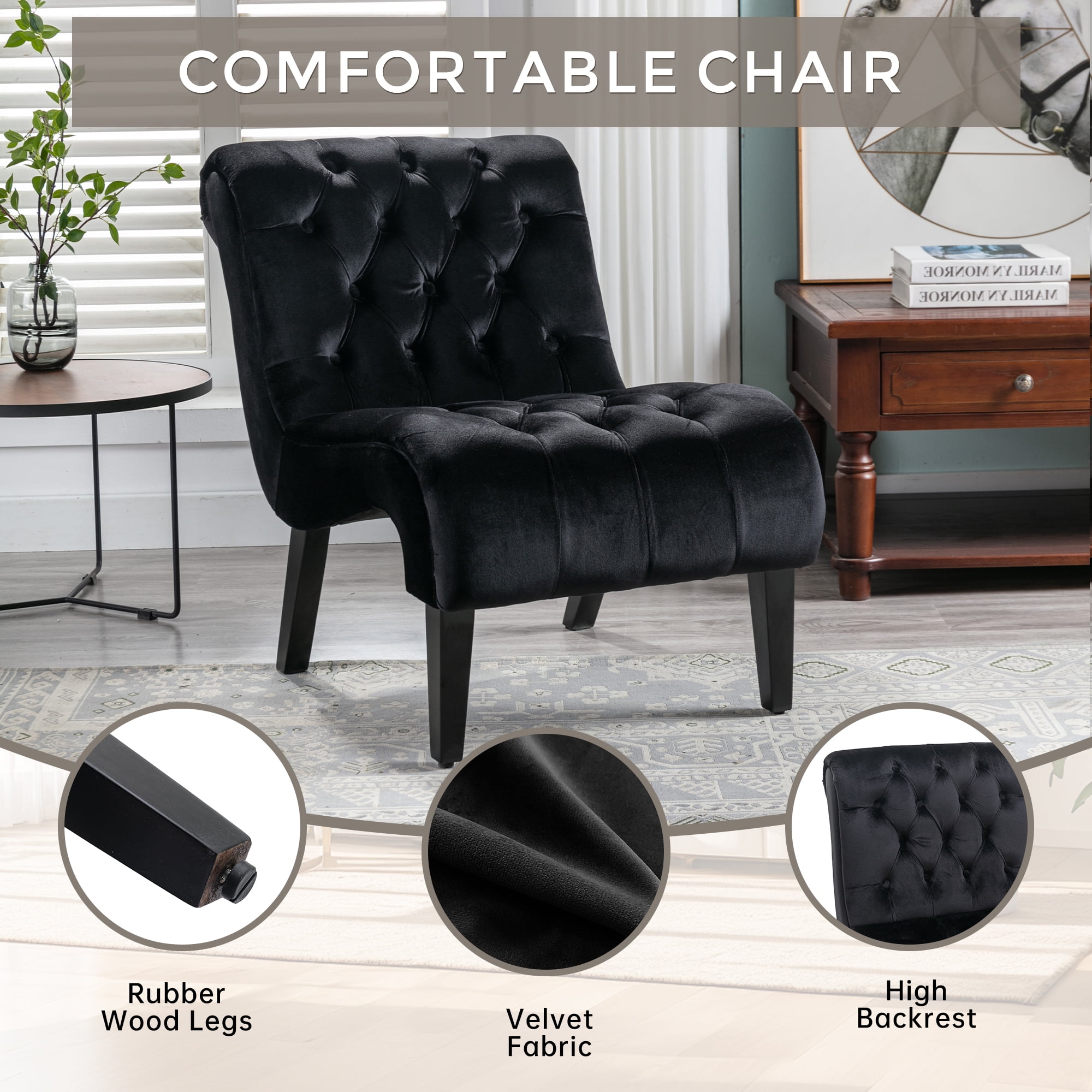 MAYEERTY Modern Velvet Armless Accent Living Room Leisure Chair,Upholstered Fabric Button Comfortable Chair with Wooden Legs for BedroomOffice，Black Velvet
