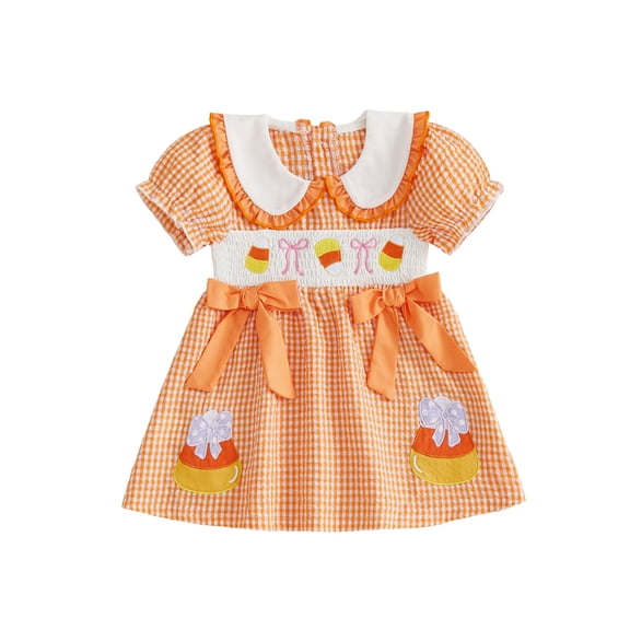 RUINIXCW Toddler Baby Girl Halloween Dress Outfit Little Baby Girls Summer Fall Smocked Dress Clothes Funny Ghost Candy Corn Embroidery Doll Collar Short Sleeve Gingham Plaid Dress