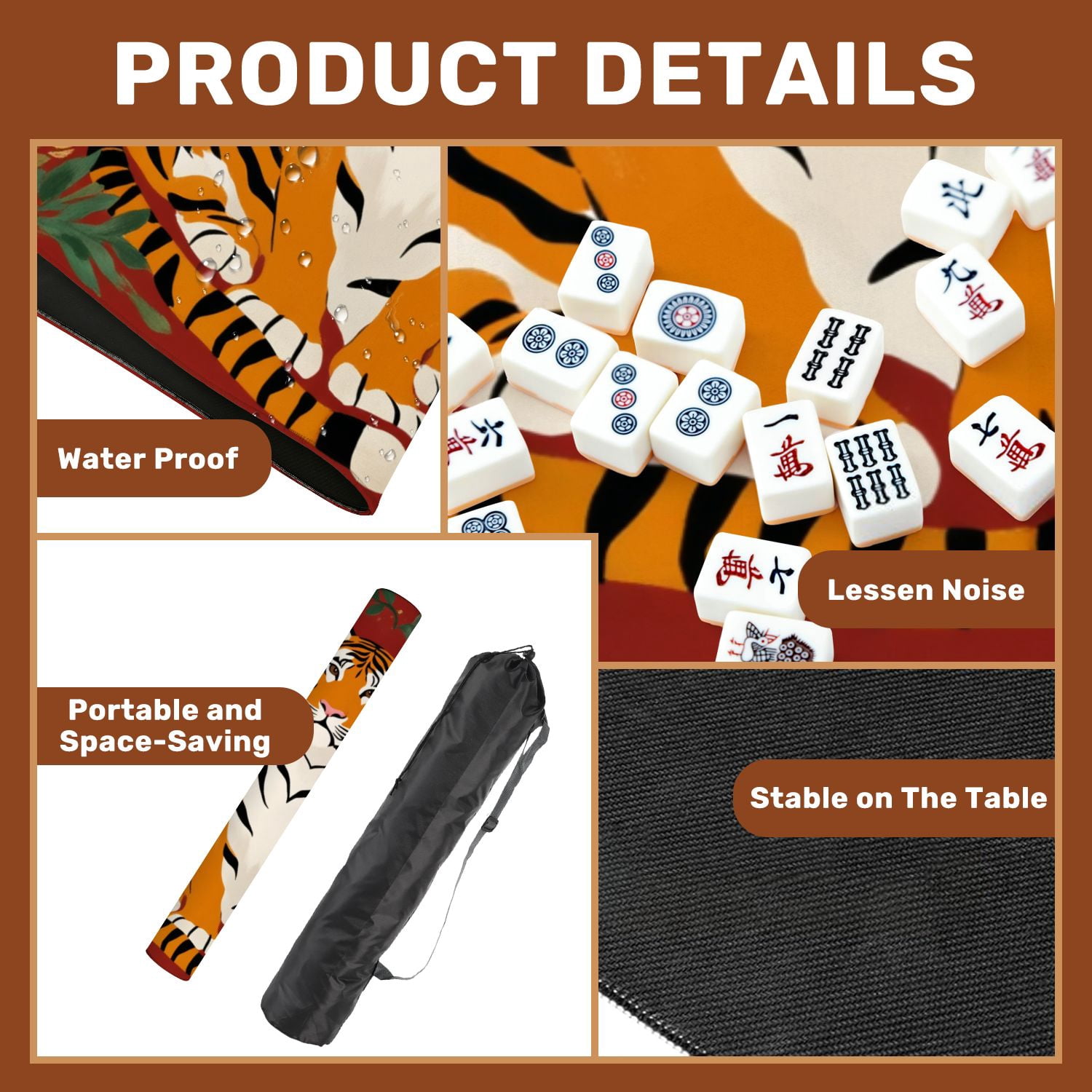 Mahjong Mat 31.5" x 31.5" Majestic Tiger Sitting Among Colorful Flowers Red Illustrated Nature Non-Slip Noise Reduction American Mahjong Tiles Table Cover for Dominoes Poker Card Board Games Gift