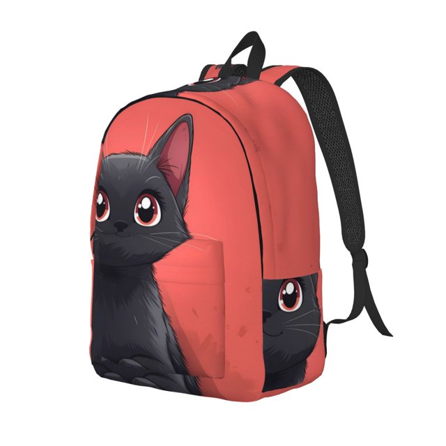 Disketp Cute Black Kitten Cartoon print Canvas Backpack Lightweight Travel Daypack Student Rucksack Laptop Backpack-Medium