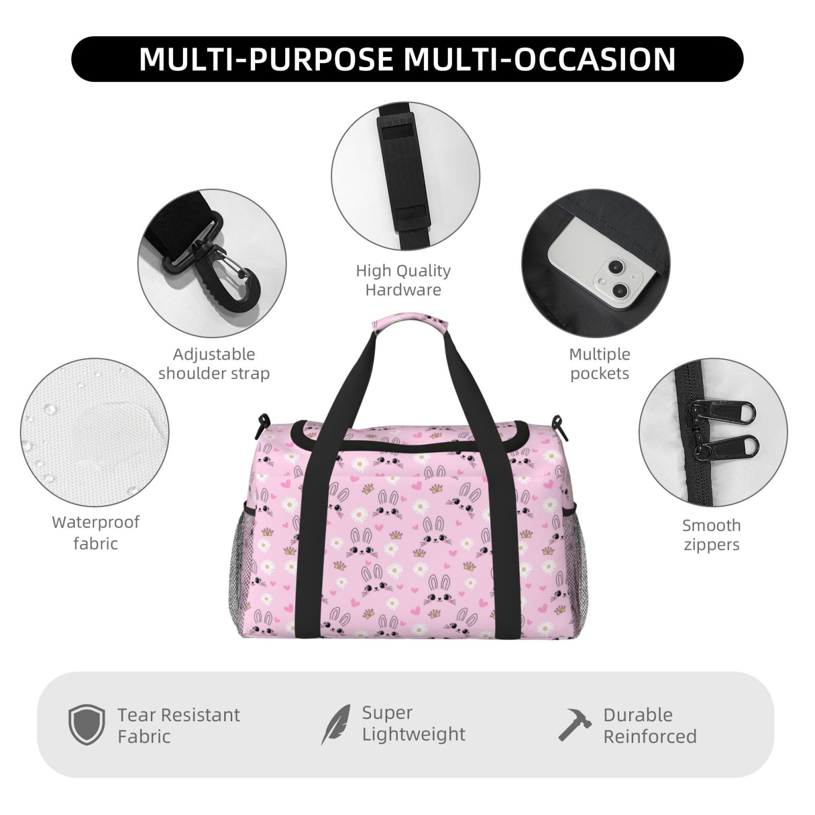 Fuzoiu Rabbit Face Print Travel Duffle Bag,Carry On Tote Bags,Duffel Bag,Sport Gym Bag, Hospital Bag for Labor and Delivery, Overnight Bag,Luggage Bag