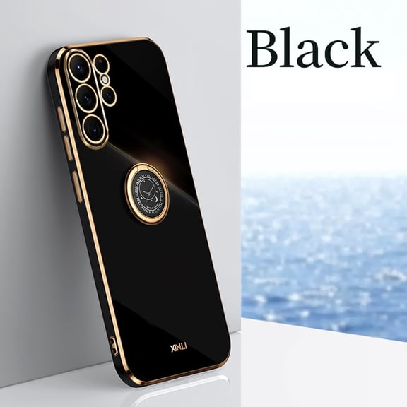 Compatible with Samsung Galaxy S25 Ultra Case Finger Ring Kickstand for Women Girls Rose Gold Edge Full Body Protection Plating Electroplate Case for Samsung Galaxy S25 Ultra, Black