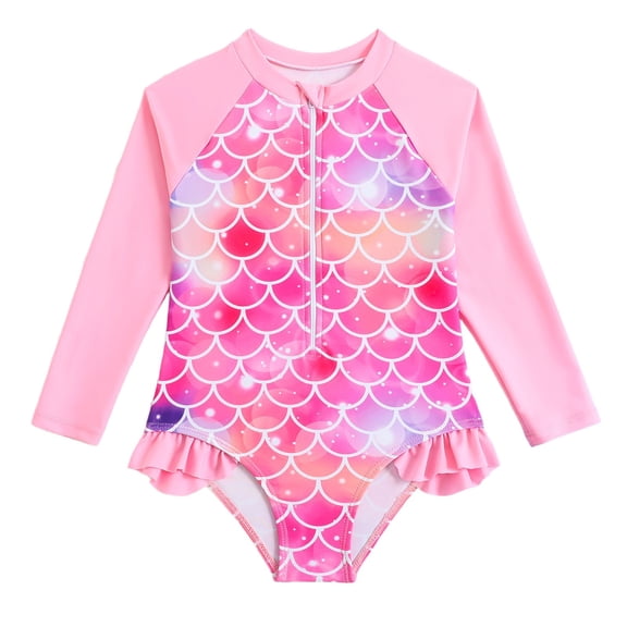 LIIPEE Girls One-Piece Swimsuits Casual Summer Long Sleeve Fashion Graphic Printed Crew Neck Ruffle Swimwear Kids Regular Fit Zipper Bathing Suit Pool Comfortable Cute Beachwear,Multicolour,6-7 Years