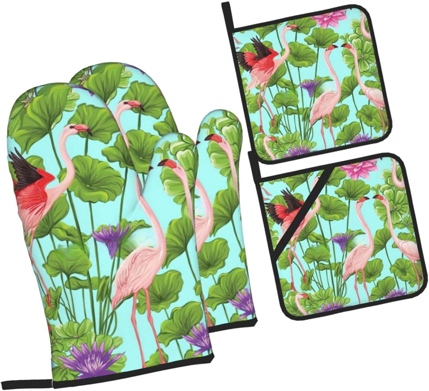 Flamingo Love Flowers Oven Mitts and Pot Holders Sets for Kitchen 4 Pcs 7"X11" Heat Resistant Baking Cooking