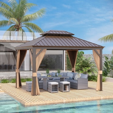 NOBLEMOOD 12'x12' Outdoor Hardtop Gazebo with Curtain and Netting ...