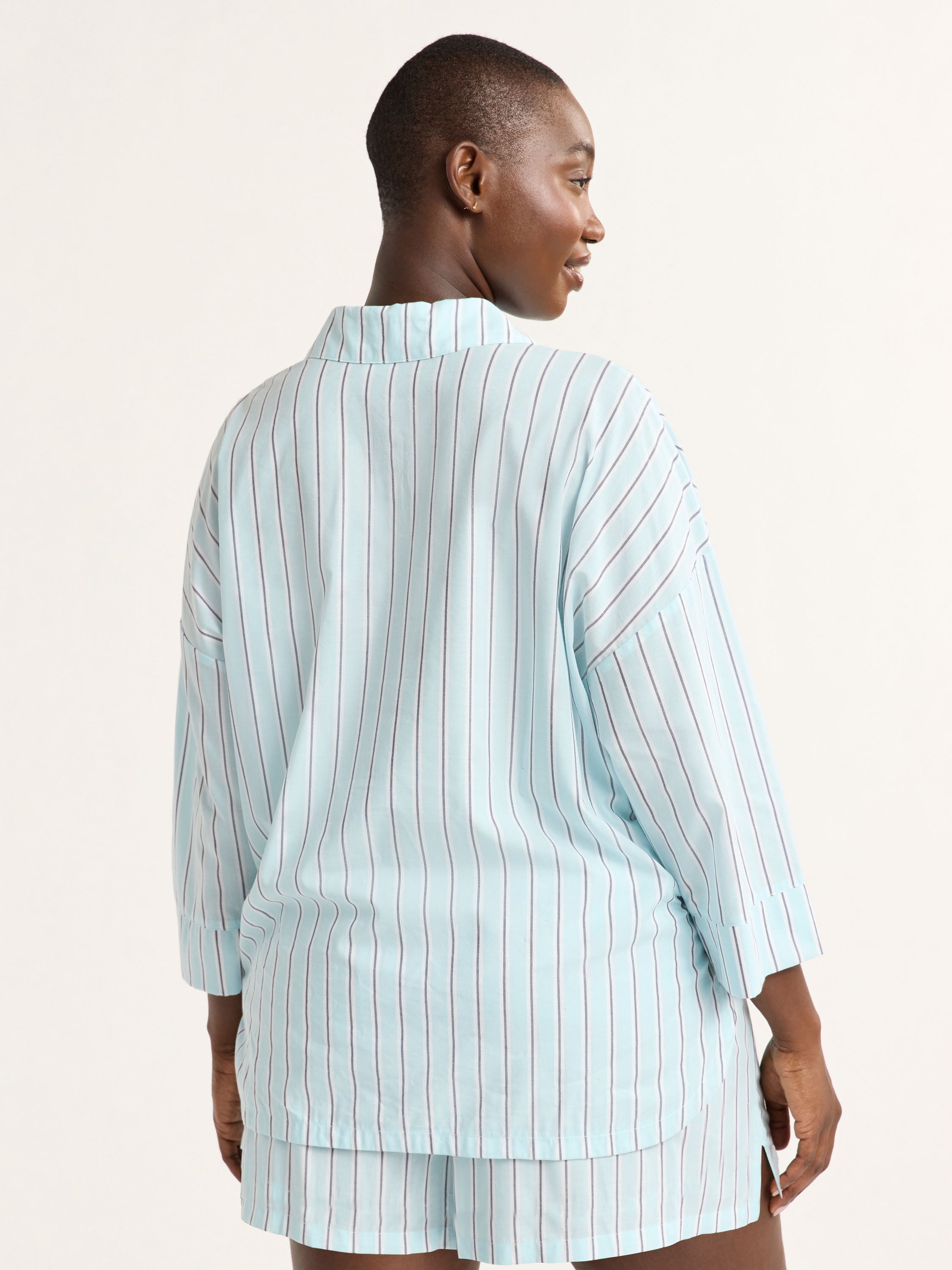 Joyspun Women’s Woven ¾ Sleeve Notch Collar Top and Boxer Shorts Pajama Set, Sizes XS-3X