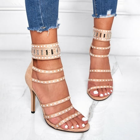 

Women‘s Rhinestone Open Toe High Heels Fashion Solid Color Back Zipper Stiletto Sandals Rome Style Pumps