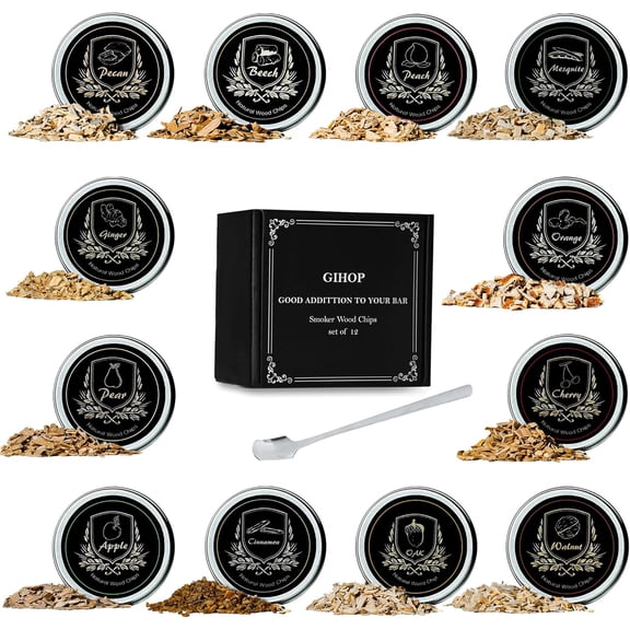 Cocktail Smoker Chips, 12 Flavors Wood Chips Orange Cinnamon Ginger Apple Beech Pear Cherry Oak Walnut Pecan/Hickory Mesquite Peach for Cocktails, Whiskey, Bourbon, Smoking Gun, Bar, Smoker Accessory
