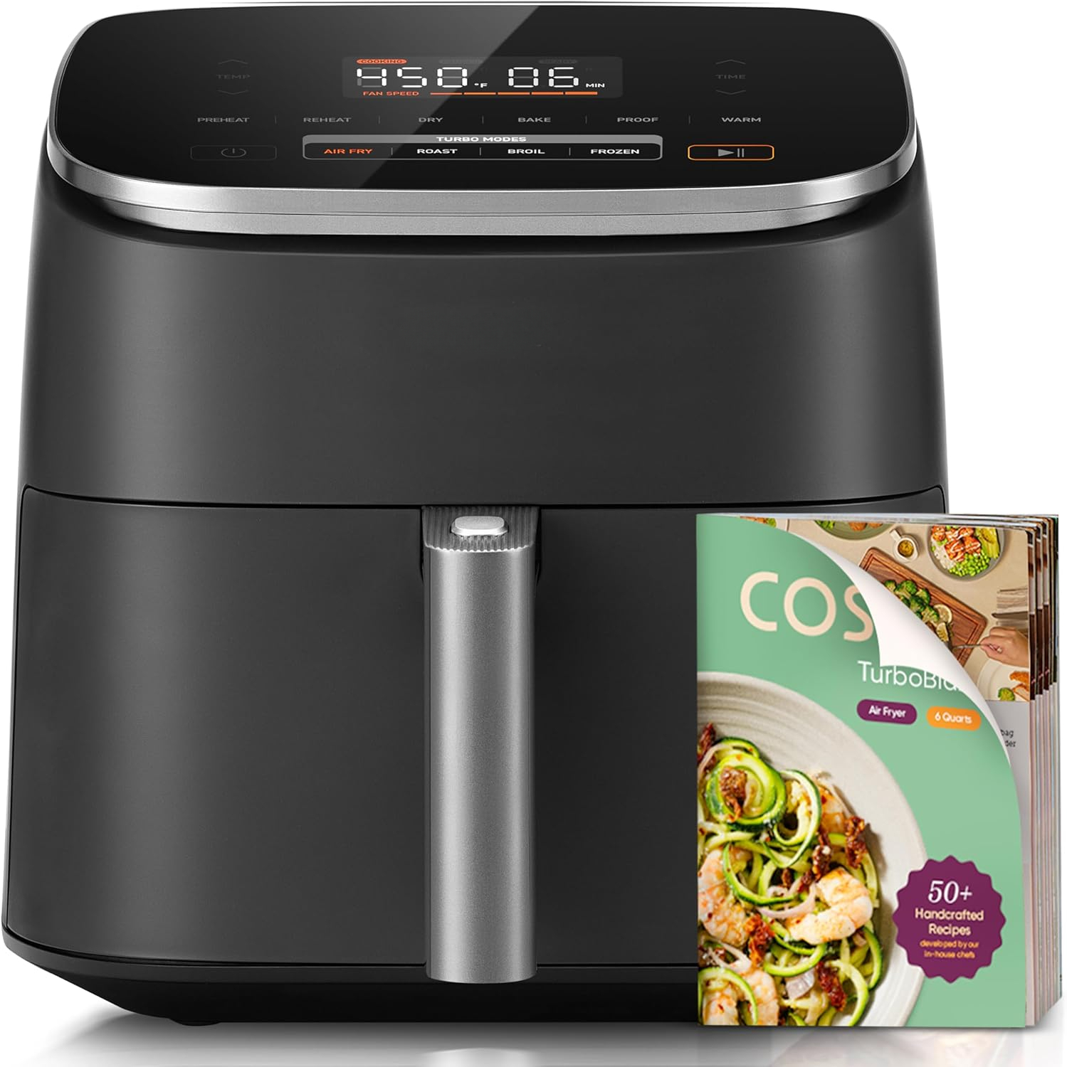 9-in-1 TurboBlaze Air Fryer 6 Qt, Premium Ceramic Coating, 90°–450°F, Precise Heating for Even Results, Air Fry, Roast, Bake, Broil, Dry, Frozen, Proof, Reheat, Keep Warm, 120V, Dark Gray