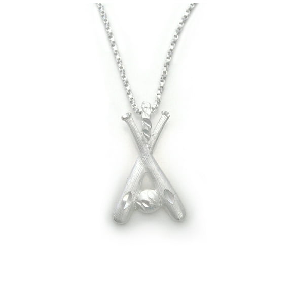 Sterling Silver Two Crossing Bats and Ball Baseball Softball Charm Necklace