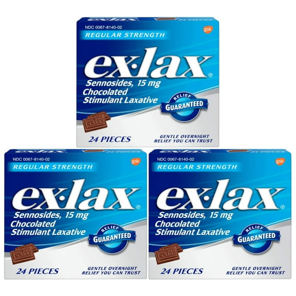 3 Pack Ex-Lax Sennosides Chocolated Stimulant Laxative Regular 24 Pieces Each