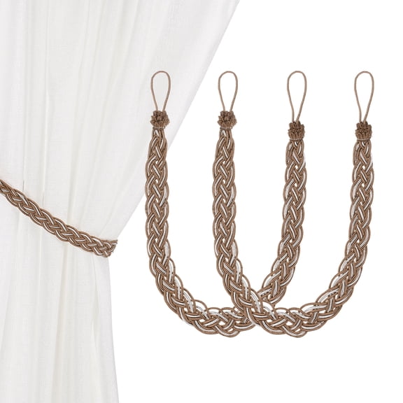 Uxcell 2-Set Curtain Tiebacks with Curtain Holdbacks, Braided Tie Backs W Black Metal Hooks for Home Window Drapery/Wall Decorative/Bedroom/Office/Nursery/Room/Hotel [Light brown]