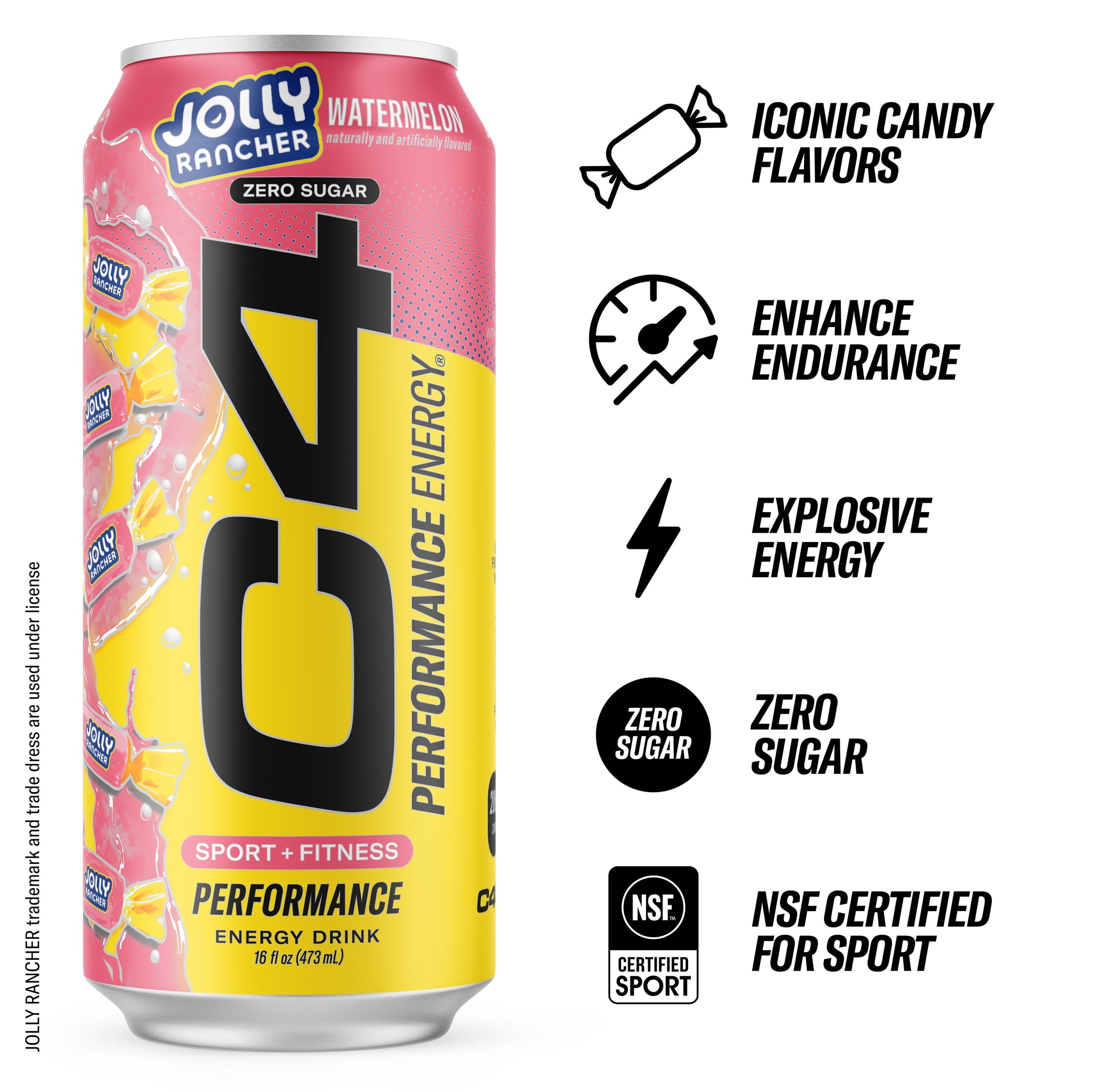 C4 Performance Energy Drink, Jolly Rancher Watermelon Flavor, Zero Sugar, Carbonated, 16 fl oz can, 12 Pack