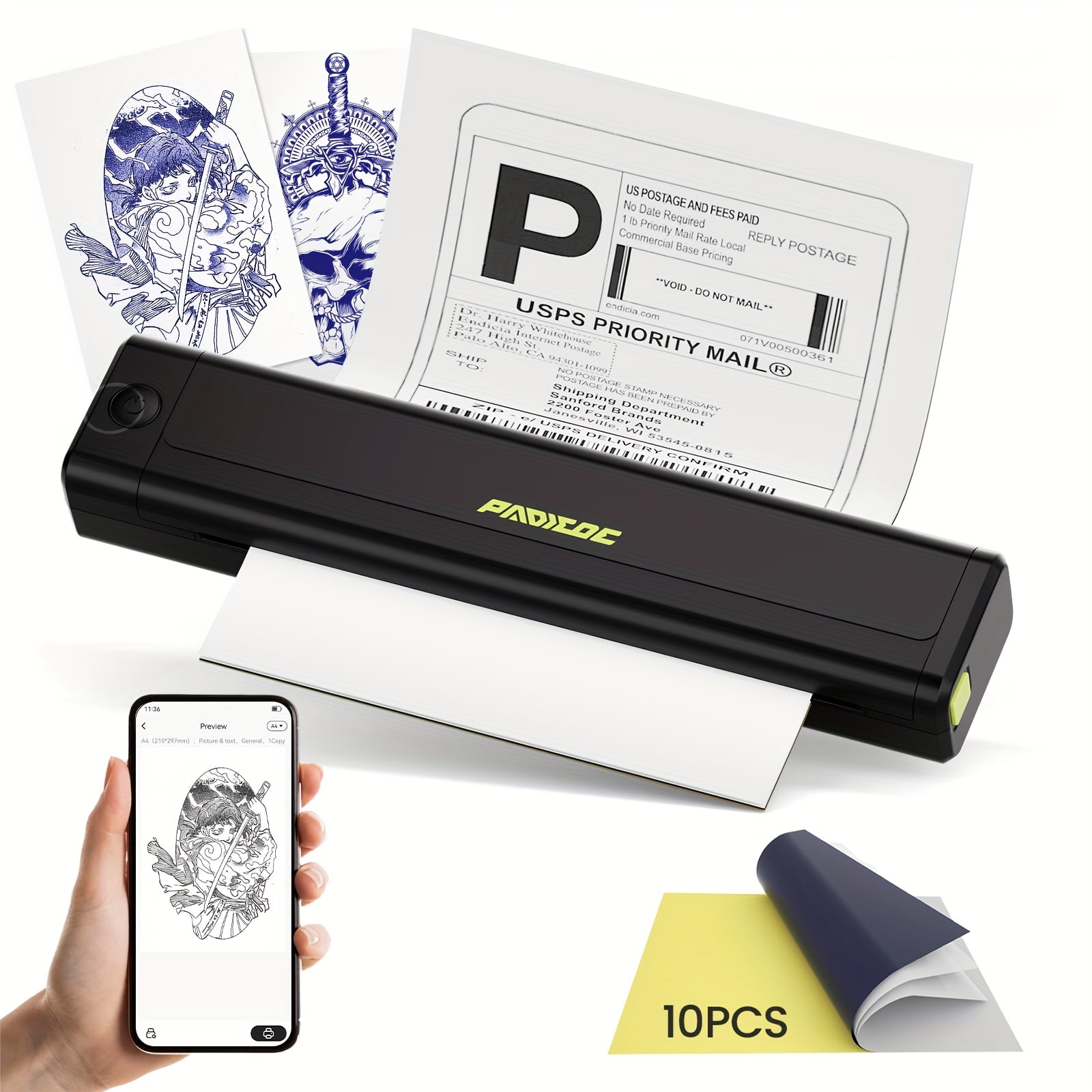 Portable Bluetooth Tattoo Transfer Printer, Inkless A4 Thermal Printer for Tattoo & Heat Transfer Paper, Compatible with Smartphone Tablet